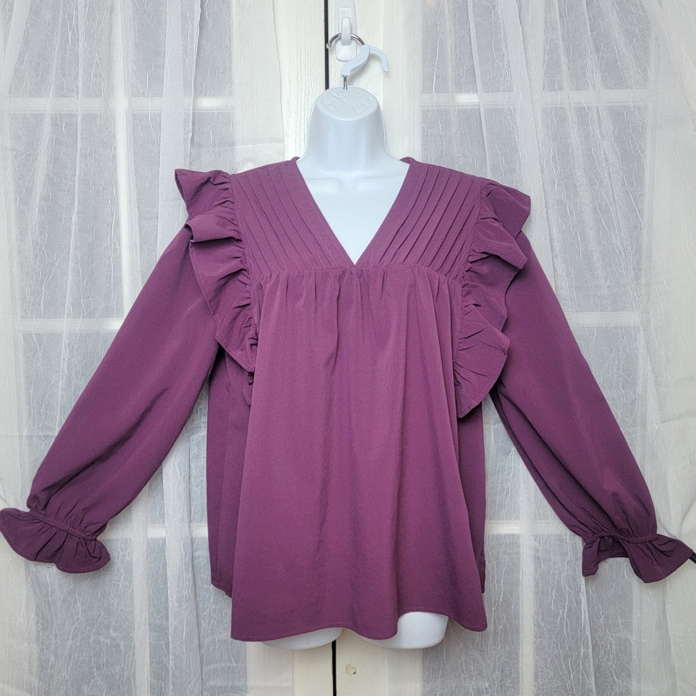 Entro Ruffle Long Sleeve Blouse Sz S Purple Cottagecore Retro 80s Prairie